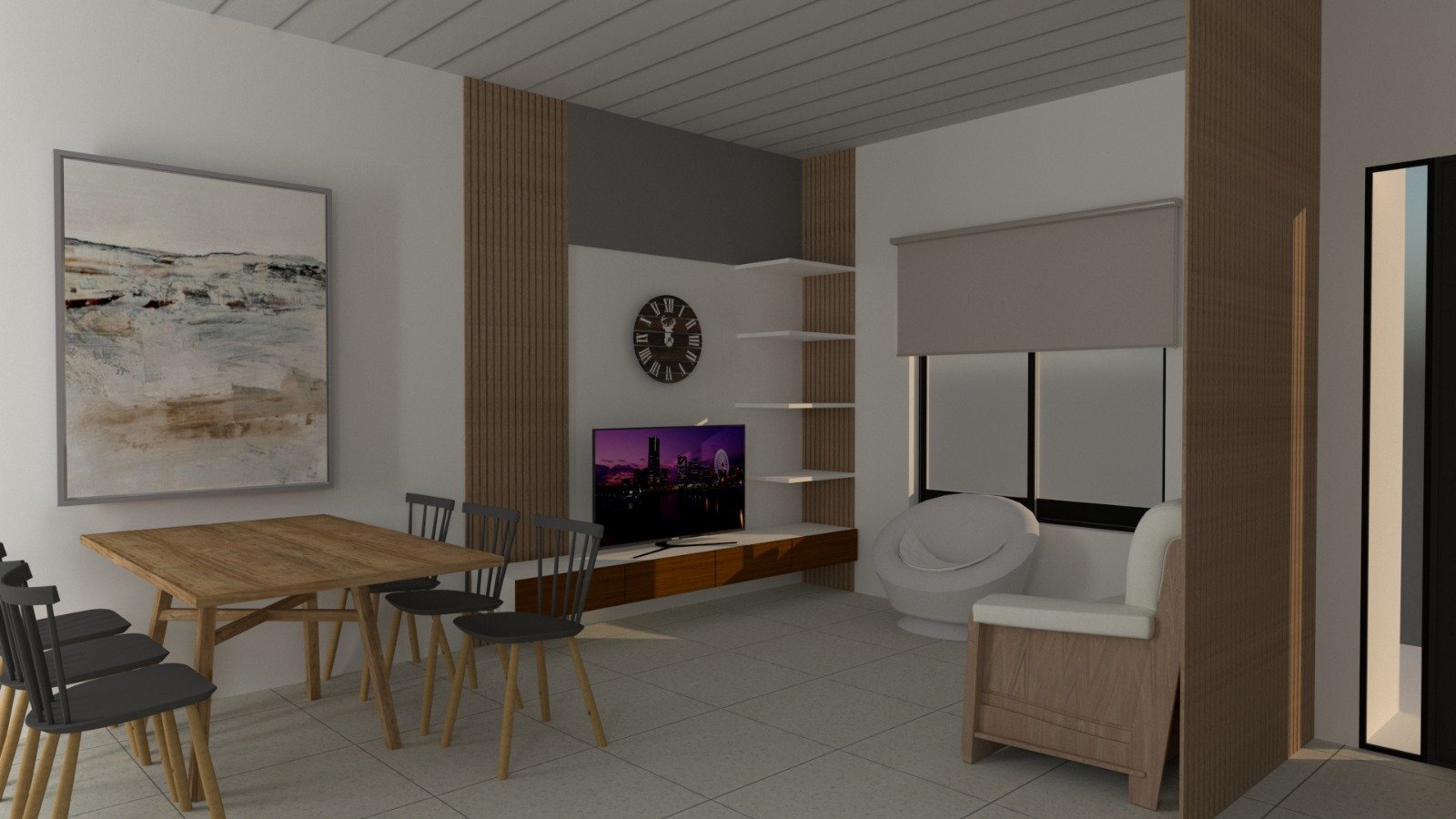 Living comedor moderno con detalles en madera y obra de arte — proyecto DISEÑOS, por Kardiona, en Villa Elisa